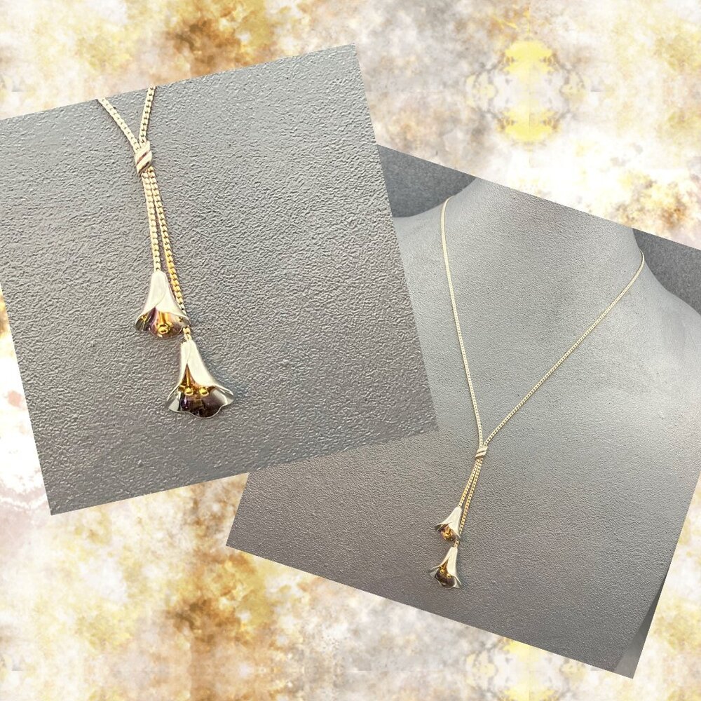Avon Floral Bell Pendant Necklace 22 In Silver Gold Double Drop Delicate Elegant